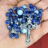 CHAPELET EN LAPIS-LAZULI ET AIGUE-MARINE CROIX ARGENT "LE LAPISIUM"