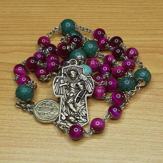 ROSARIO DE SAN MIGUEL EN JADE Y OJO DE TIGRE FUCSIA L'ANGELIS