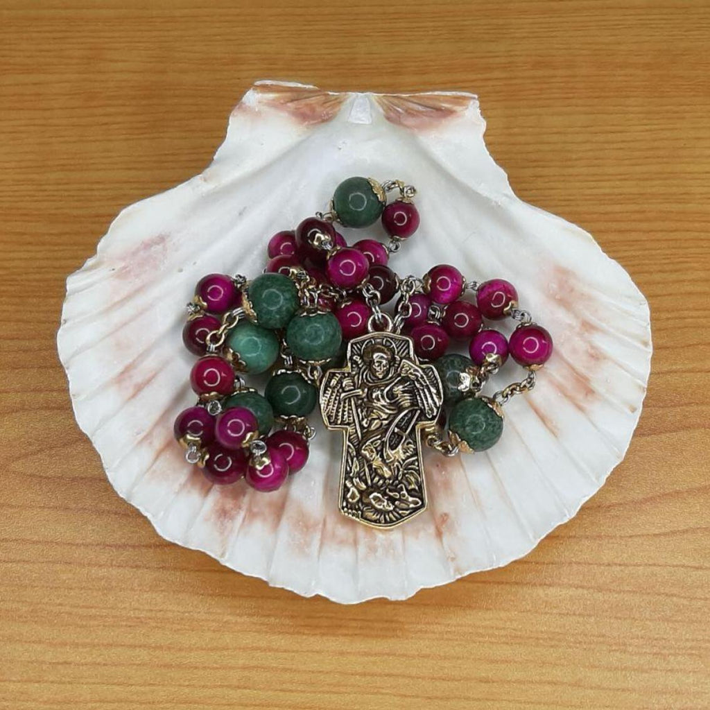 CHAPELET DE SAINT MICHEL en Jade et Œil de Tigre Fuchia  "L'ANGELIS"