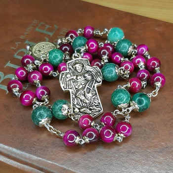 CHAPELET DE SAINT MICHEL en Jade et Œil de Tigre Fuchia  