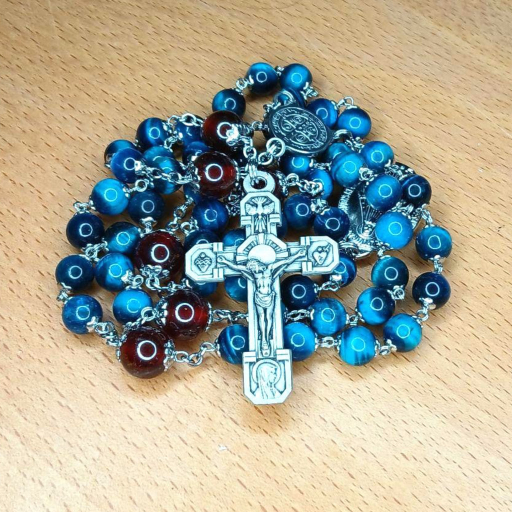 CHAPELET EN ŒIL DE TIGRE BLEU AZUR ET GRENAT TRANSLUCIDE L'ACORDIS