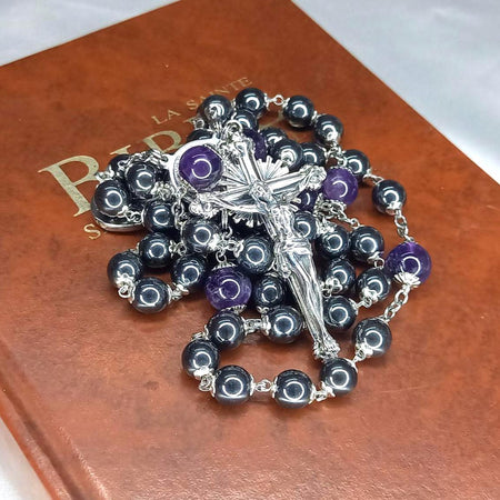 CHAPELET EN HÉMATITE ET AMÉTHYSTE 