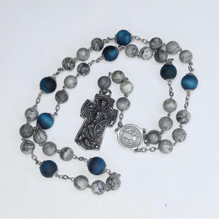 CHAPELET DE SAINT MICHEL EN JASPE PICASSO ET ŒIL DE TIGRE BLEU AZUR MAT LE MICHAELO