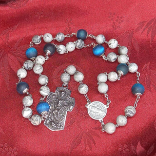 CHAPELET DE SAINT MICHEL EN JASPE PICASSO ET ŒIL DE TIGRE BLEU AZUR MAT LE MICHAELO