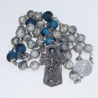 CHAPELET DE SAINT MICHEL EN JASPE PICASSO ET ŒIL DE TIGRE BLEU AZUR MAT LE MICHAELO