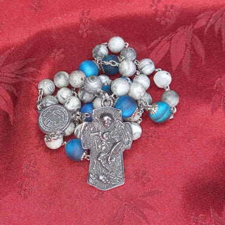 CHAPELET DE SAINT MICHEL EN JASPE PICASSO ET ŒIL DE TIGRE BLEU AZUR MAT LE MICHAELO