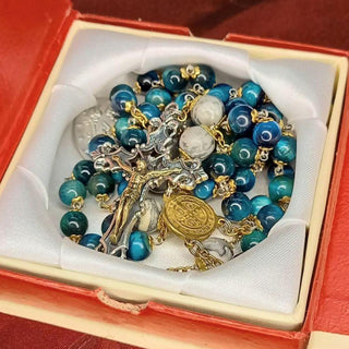 TIGER'S EYE AND PICASSO JASPER ROSARY (SILVER CROSS) LE BLUGRISERO