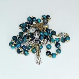 CHAPELET EN ŒIL DE TIGRE JASPE PICASSO (CROIX ARGENT) LE BLUGRISERO