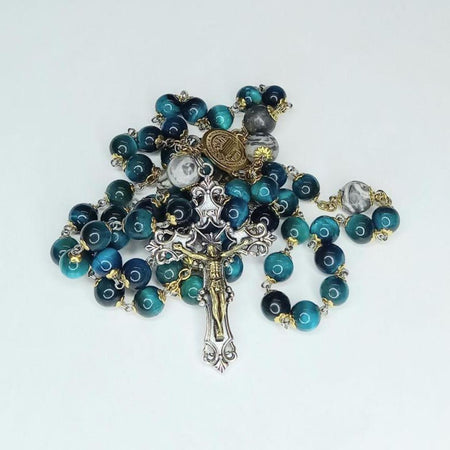 CHAPELET EN ŒIL DE TIGRE JASPE PICASSO (CROIX ARGENT) 