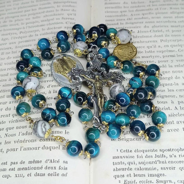 Collier Chapelet Croix Catholique - Pierre œil De Tigre - Pour Hommes Et Femmes - Cadeau Religieux