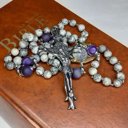 CHAPELET LAURENÇON en Jaspe Picasso Gris et Agate Violet (N°7 et N°10) 