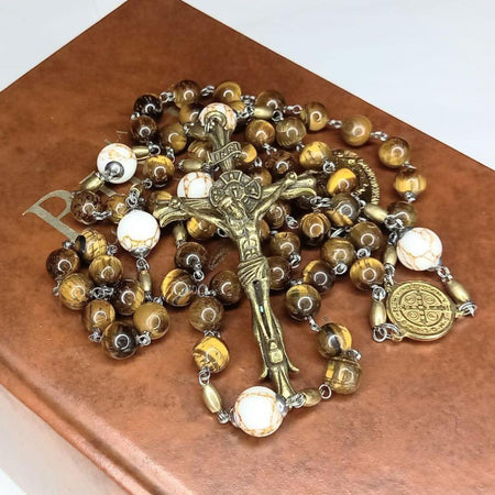 CHAPELET LAURENÇON en Œil de Tigre et Howlite (Perles N°1 et N°28) t Howlite 