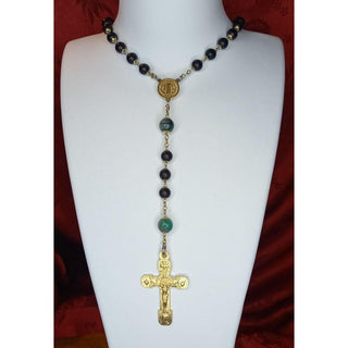 CHAPELET BUIS TEINTE ET ÉMERAUDE ET CROIX DU PARDON PLAQUÉE OR LE SAMARAGUS