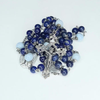 CHAPELET EN LAPIS-LAZULI ET AIGUE-MARINE CROIX ARGENT 