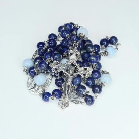 CHAPELET EN LAPIS-LAZULI ET AIGUE-MARINE CROIX ARGENT 