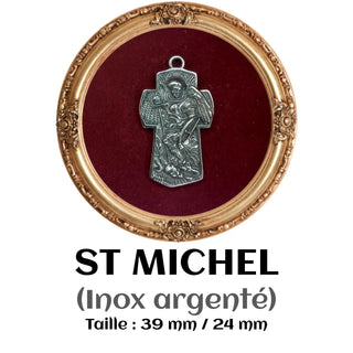 Medalla de la Cruz de San Miguel de acero inoxidable bañada en plata 