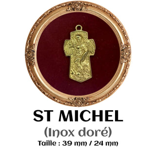 Medalla de la Cruz de San Miguel de acero inoxidable bañada en oro 